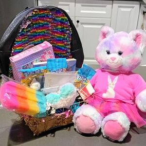 Colorful Plush Build A Bear Cat Toy with Rainbow Backpack Basket